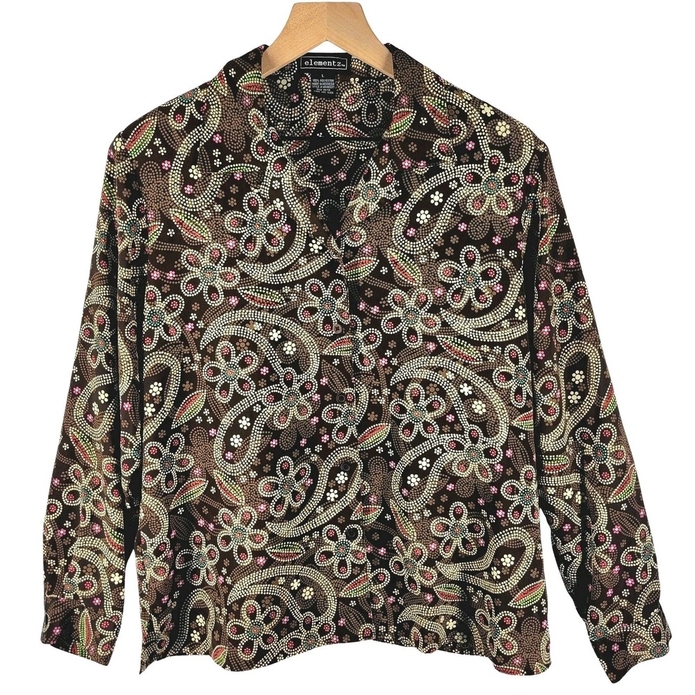 Vtg 90s Elementz Brown Paisley Floral Button Up Blouse Grandmacore Psychedelic